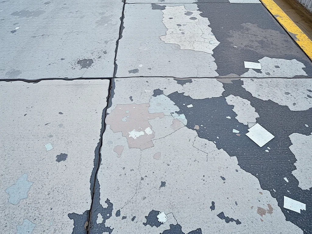 Close-up of weathered asphalt surface showing paint peeling and cracks, relevant to painting asphalt.