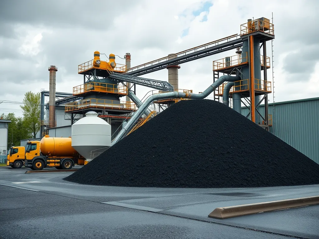 Asphalt production facility showing materials and machinery related to carbon footprint.