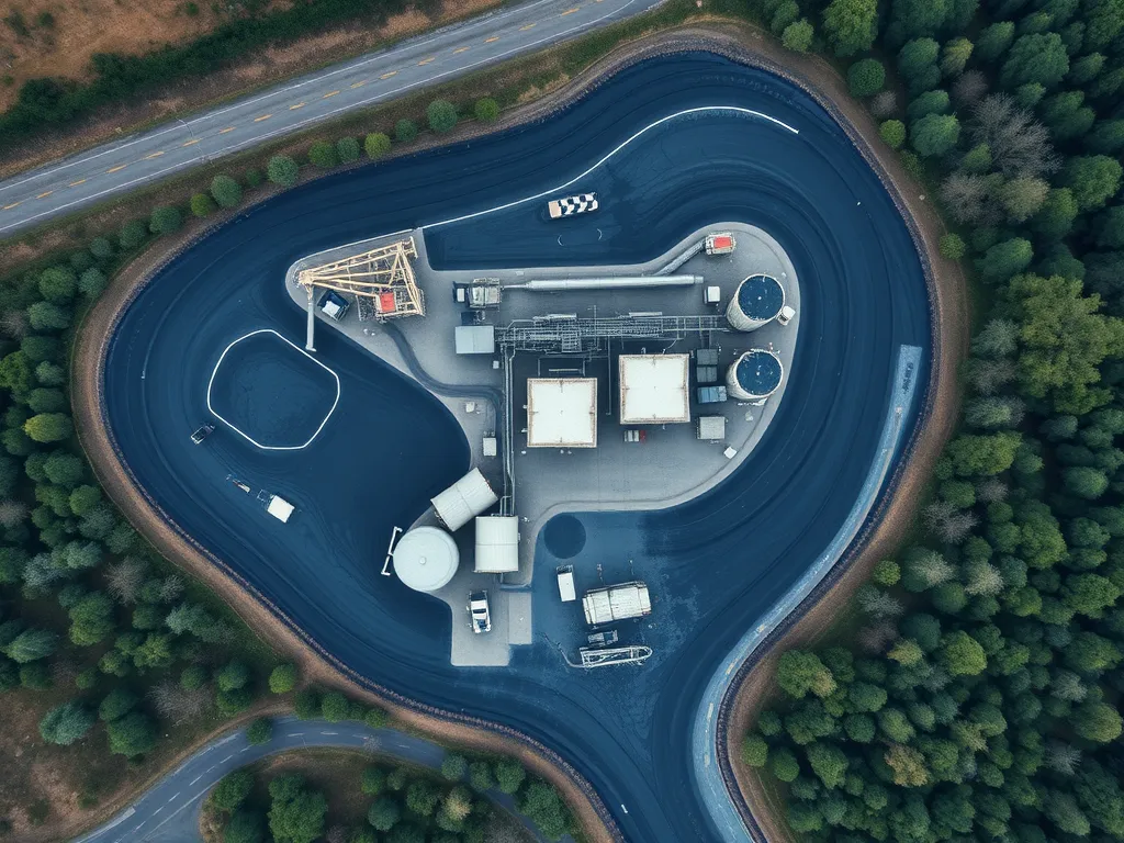 Aerial view of an asphalt production facility showing the impact on carbon footprint.