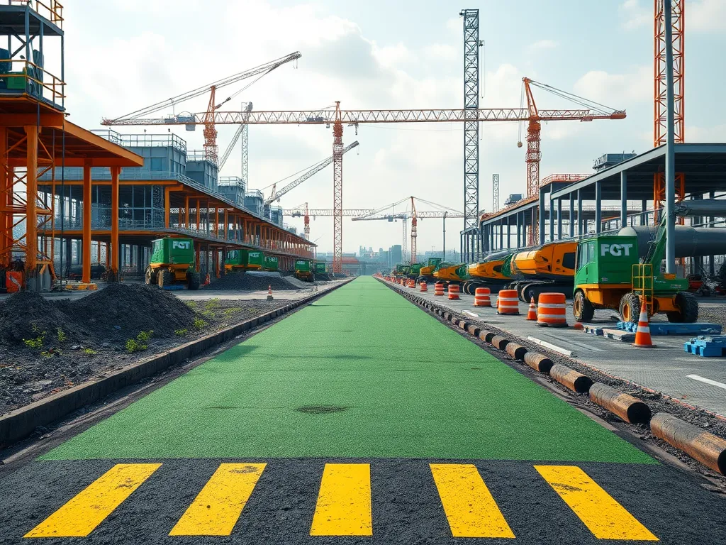Construction site showcasing carbon-neutral asphalt production technology