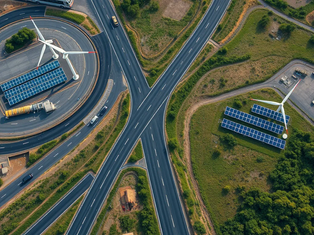 Aerial view of a highway with solar panels and wind turbines, illustrating carbon-neutral asphalt production.