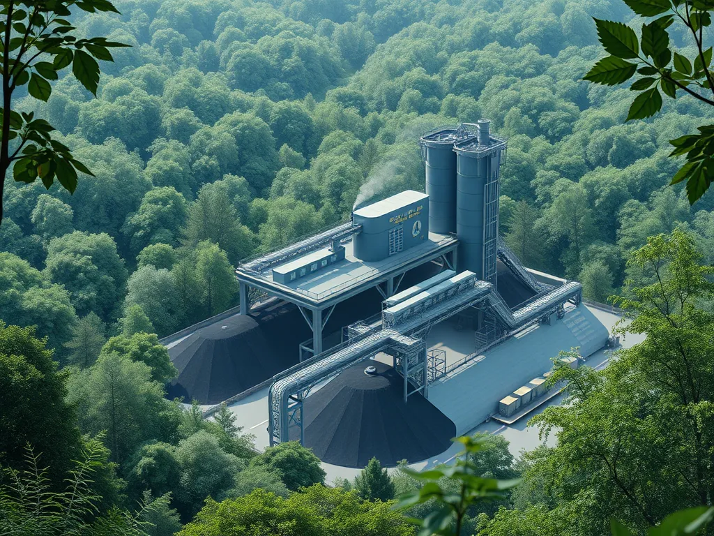 Aerial view of a carbon-neutral asphalt production facility surrounded by greenery.