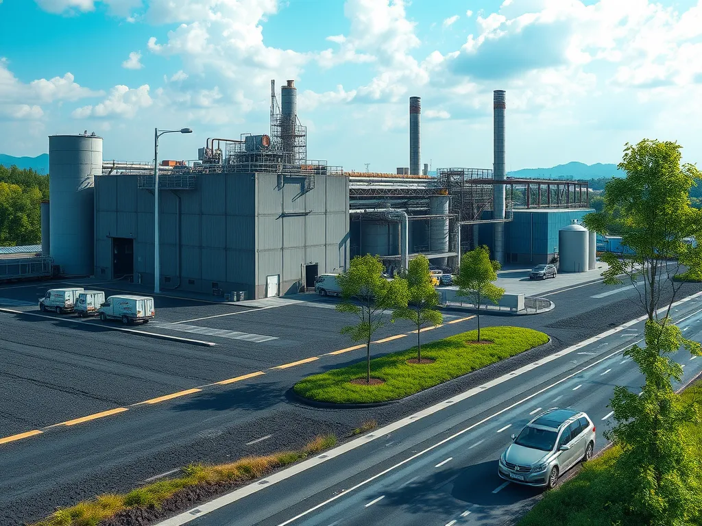 A modern facility for carbon-neutral asphalt production, showcasing sustainable manufacturing processes.