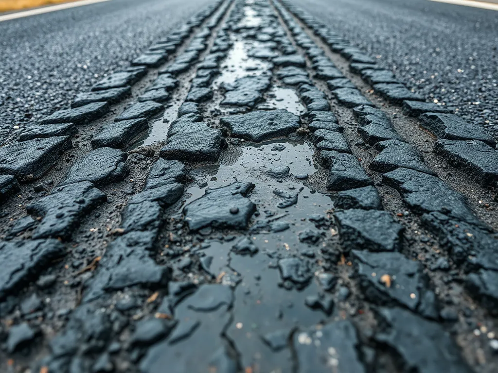 Close-up of warm mix asphalt road showing surface texture and water pooling, highlighting application challenges.
