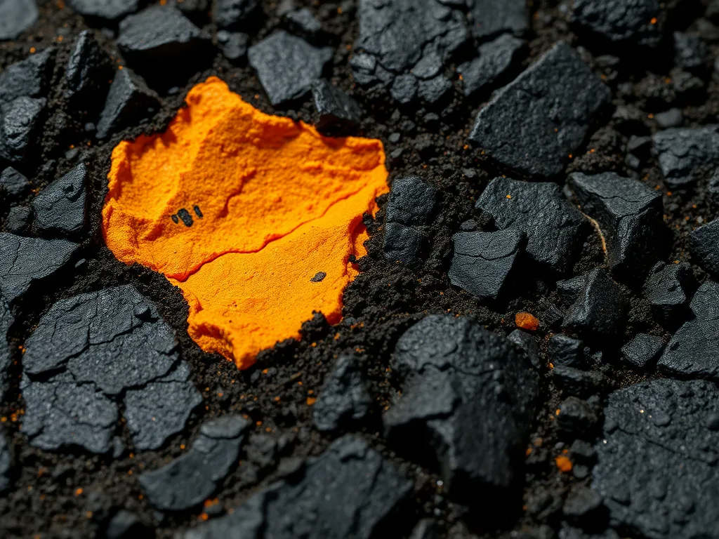 Close-up of bitumen showing its chemical composition with a bright orange segment among dark asphalt.
