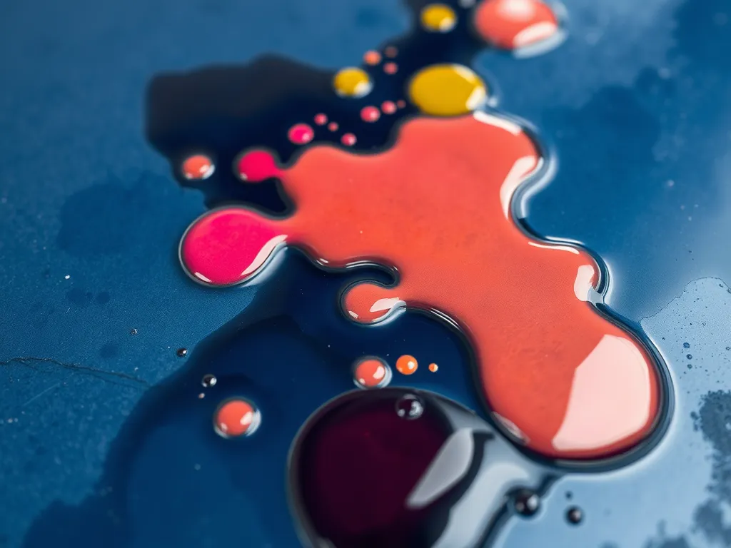 Close-up of sealcoated surface with various chemicals demonstrating chemical resistance