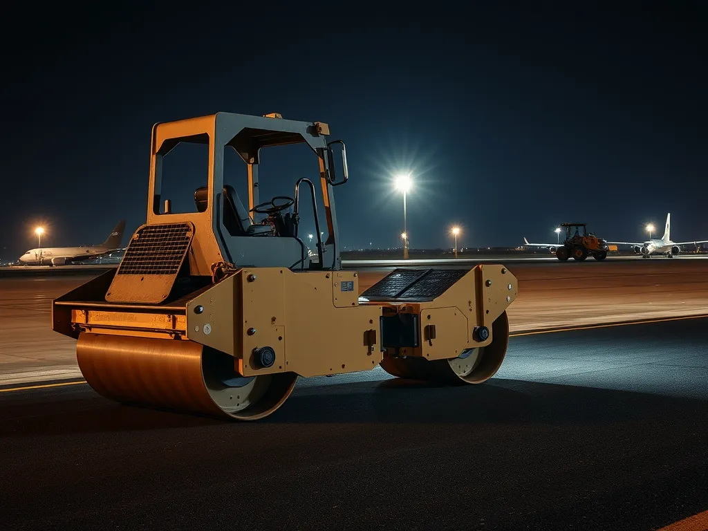 Asphalt roller on an airport runway for cold mix asphalt application