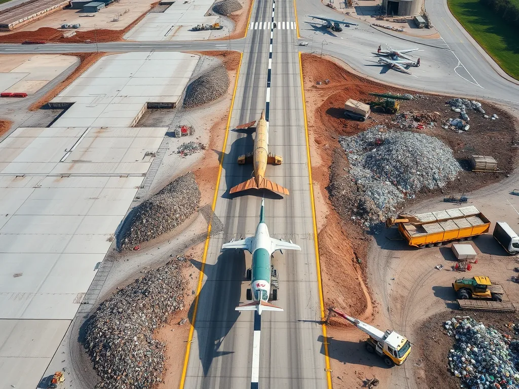 Overview of an airport runway featuring cold mix asphalt with aircraft and construction materials.