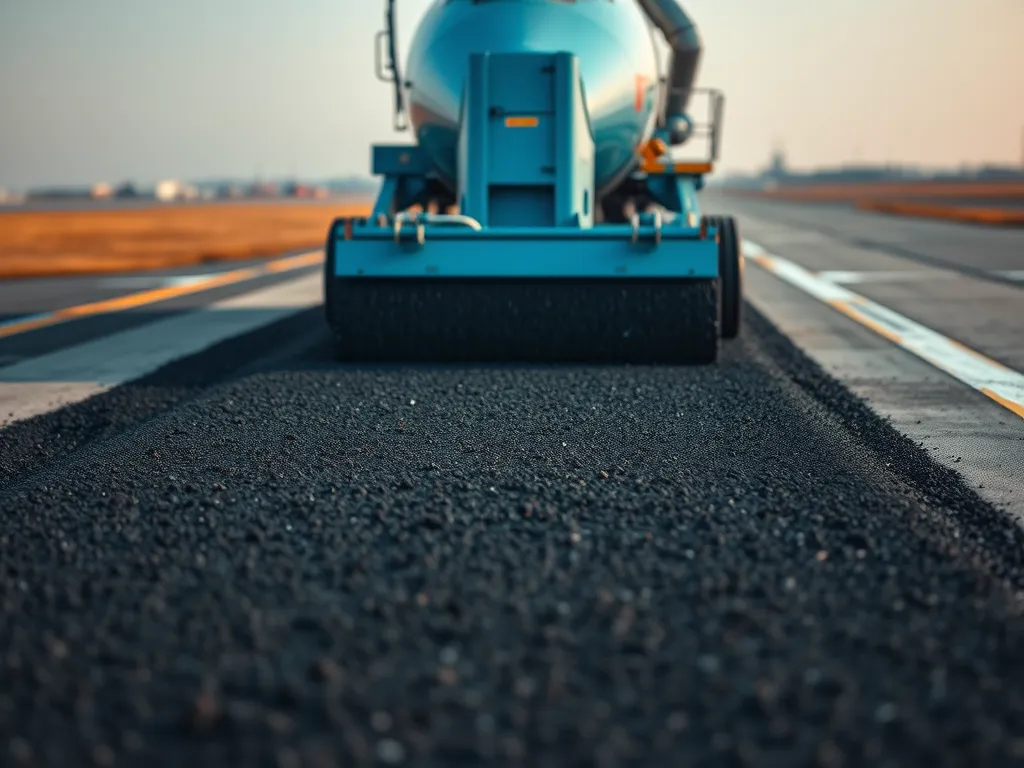 Cold mix asphalt being laid on airport runway for durable pavement.