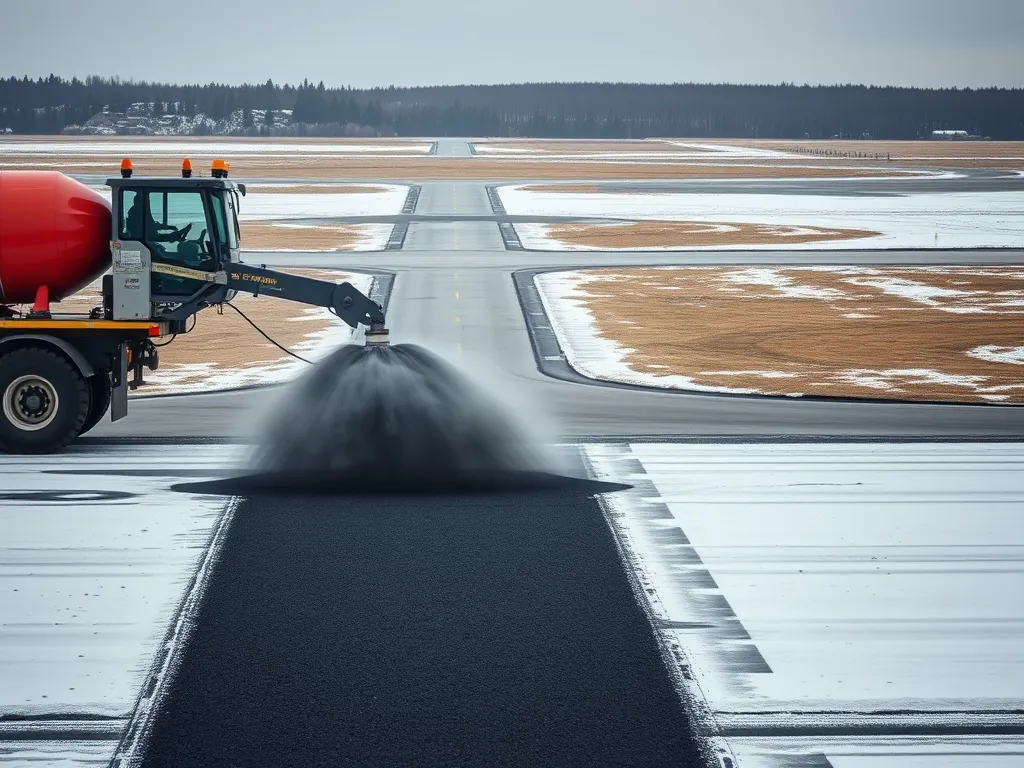 A truck applying cold mix asphalt on an airport runway during winter