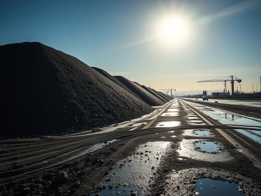 Cold mix asphalt piles showcased in a construction site under the sun.