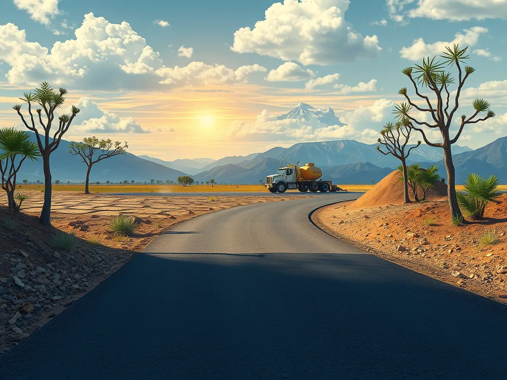 A scenic view of a truck applying cold mix asphalt in a climate-affected landscape.