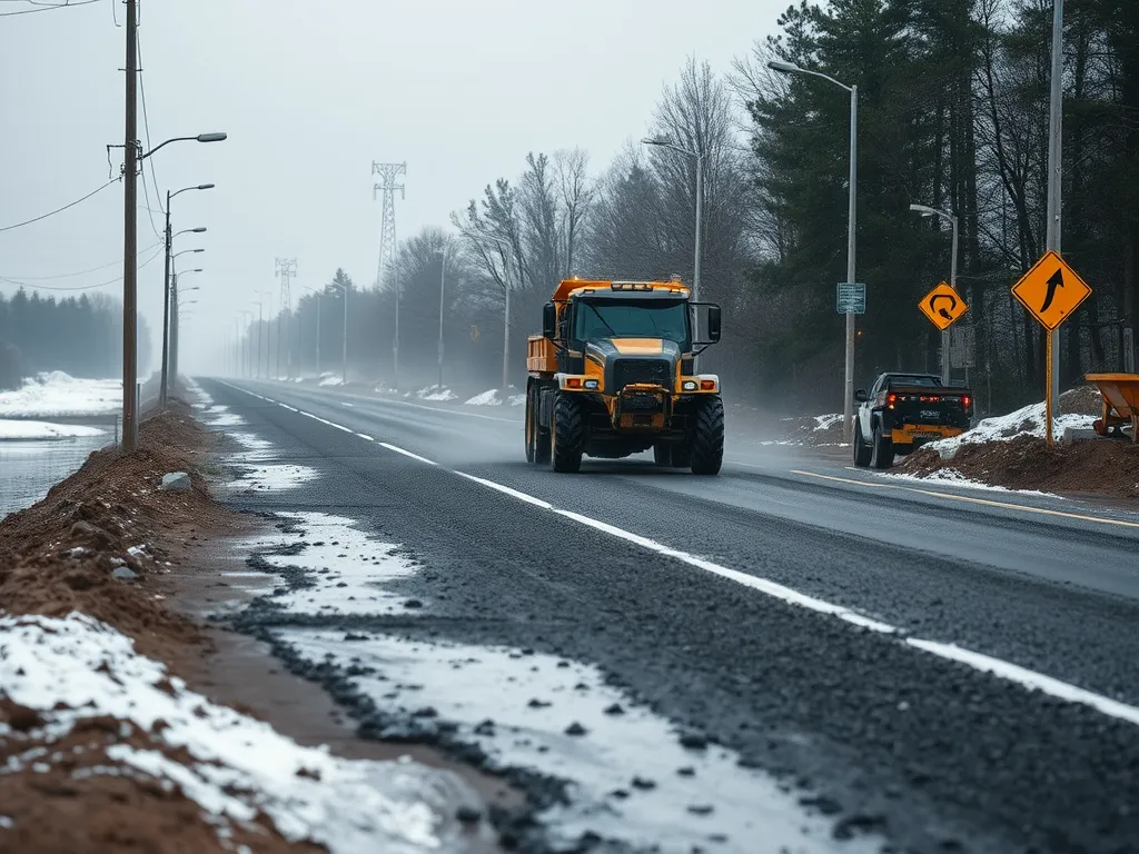 Road construction using cold mix asphalt in a climate-affected area.