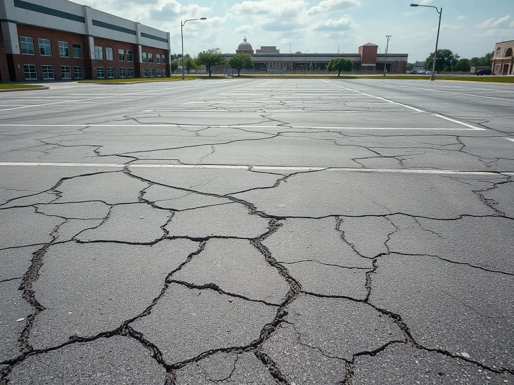Cracked asphalt surface in a parking lot highlighting the effects of climate change on infrastructure durability.