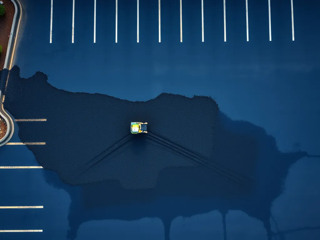 Worker applying cold mix asphalt to a commercial parking lot surface.