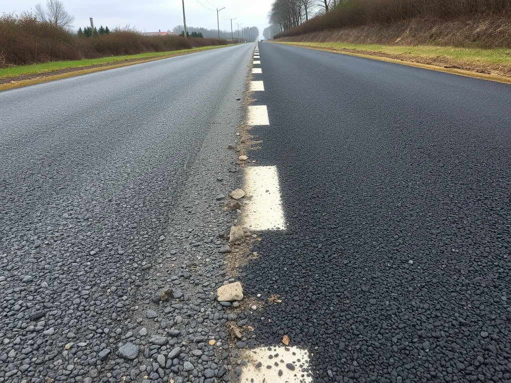 Poorly applied cold mix asphalt showing uneven surface and debris