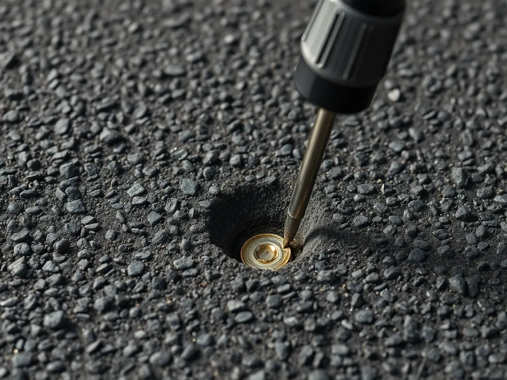 Close-up of a tool inspecting cold mix asphalt, highlighting its durability over time.