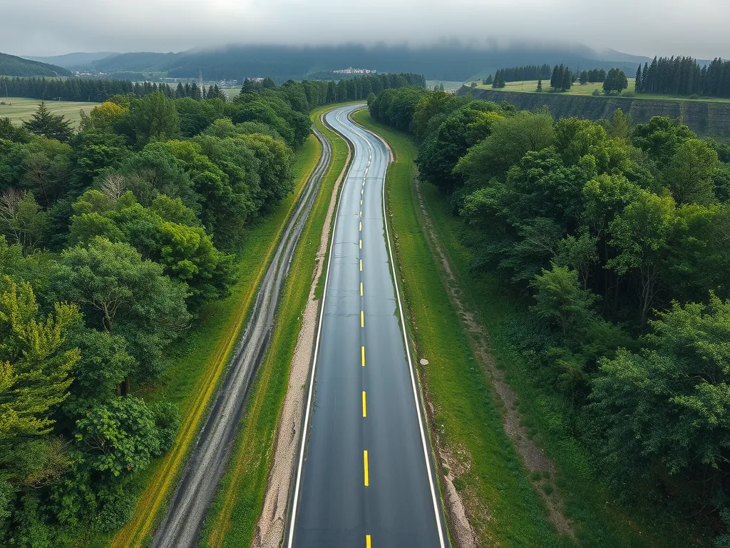 Aerial view of a smooth road installed with cold mix asphalt, illustrating durability in varying weather conditions.