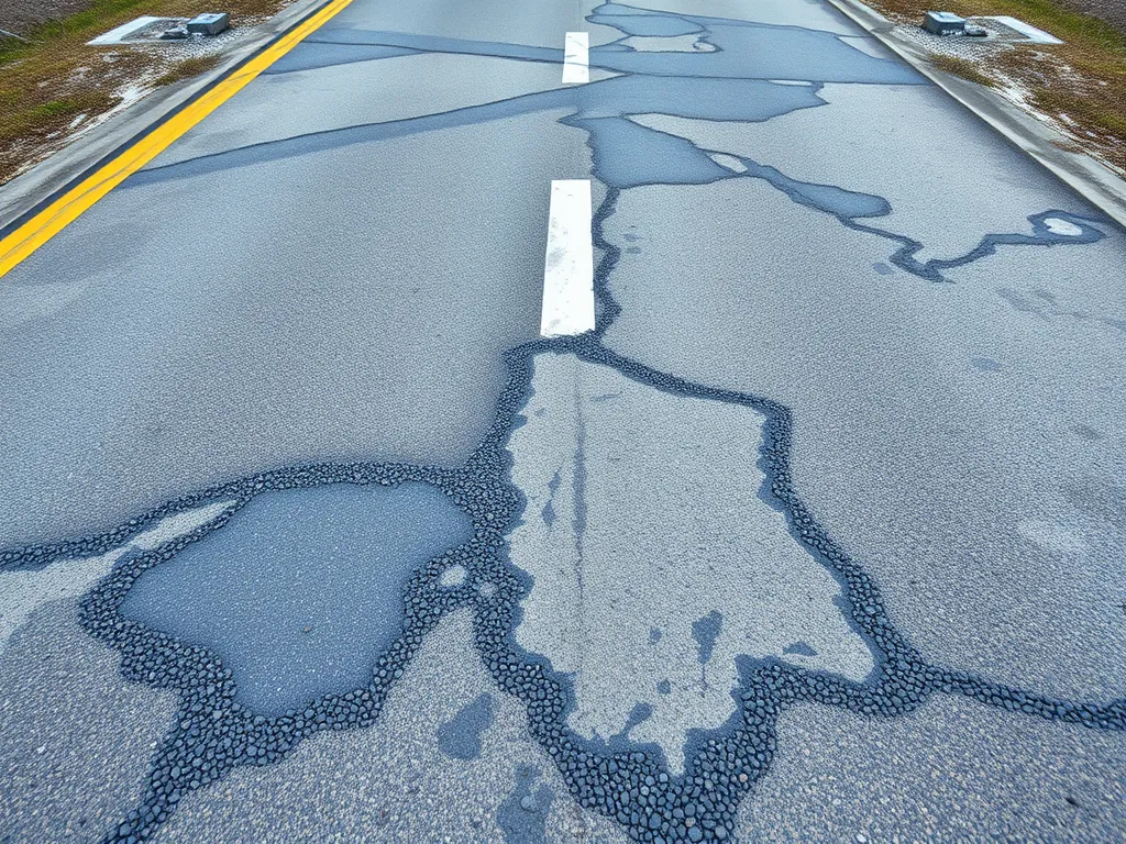 Showing the effects of cold mix asphalt durability over time with visible patches.