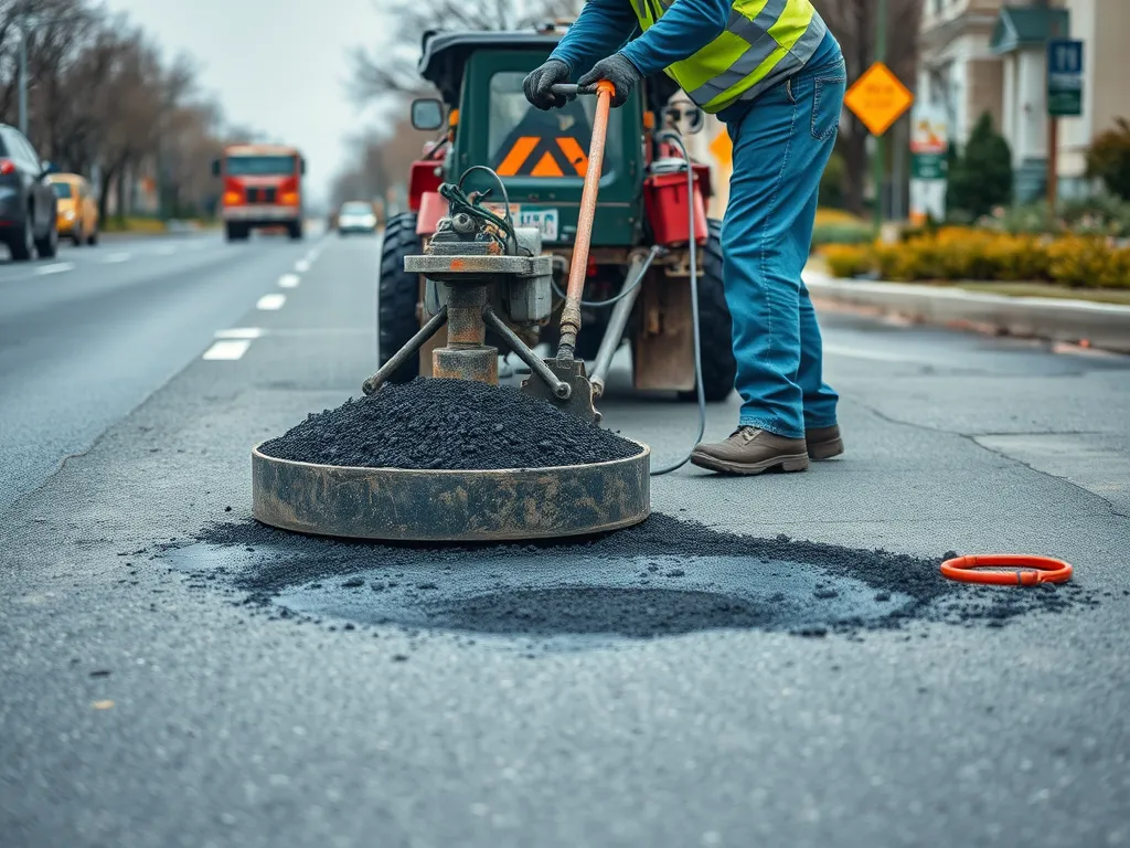 Worker applying cold mix asphalt for emergency road repairs