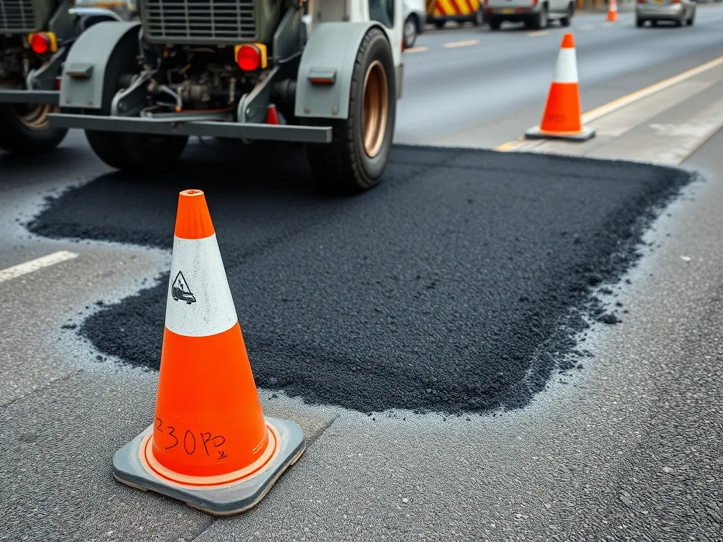 Cold mix asphalt application for emergency road repairs with traffic cones