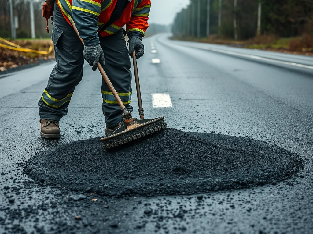 Worker applying cold mix asphalt for emergency road repairs