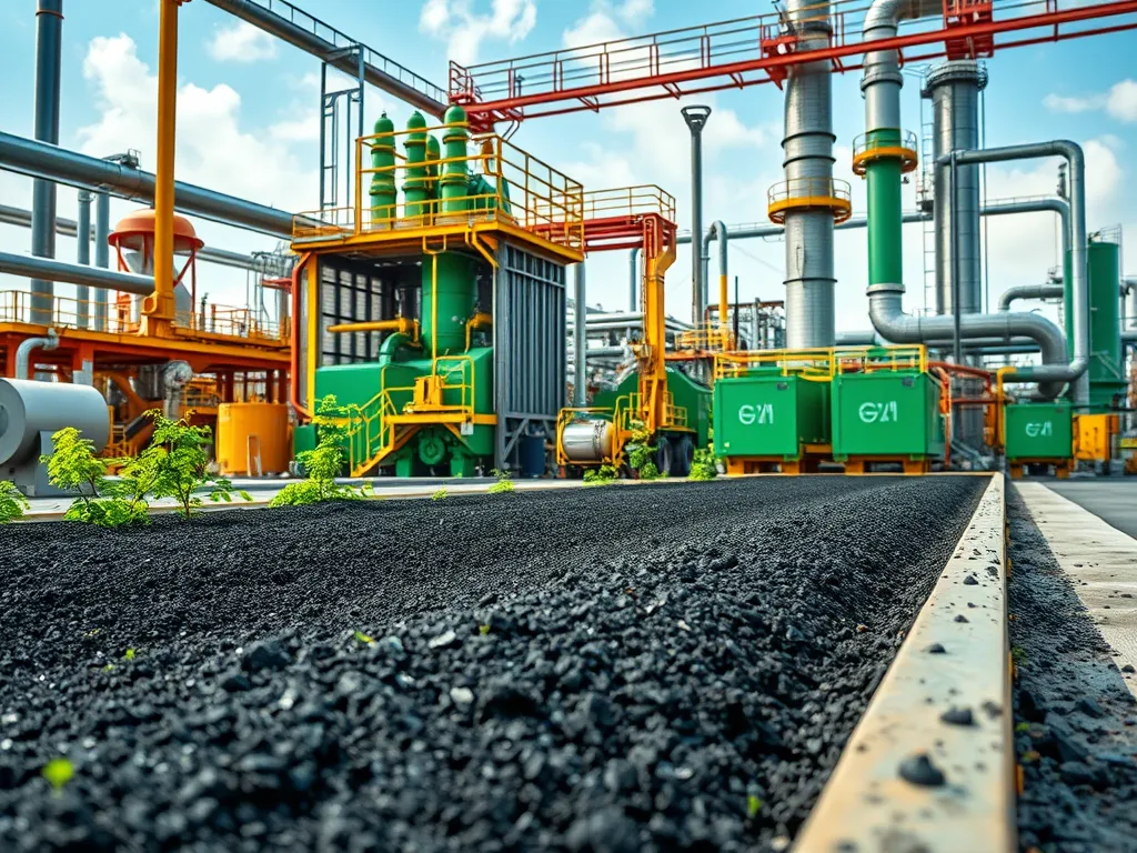 Industrial facility showcasing cold mix asphalt formulation variations with machinery and asphalt pavement.