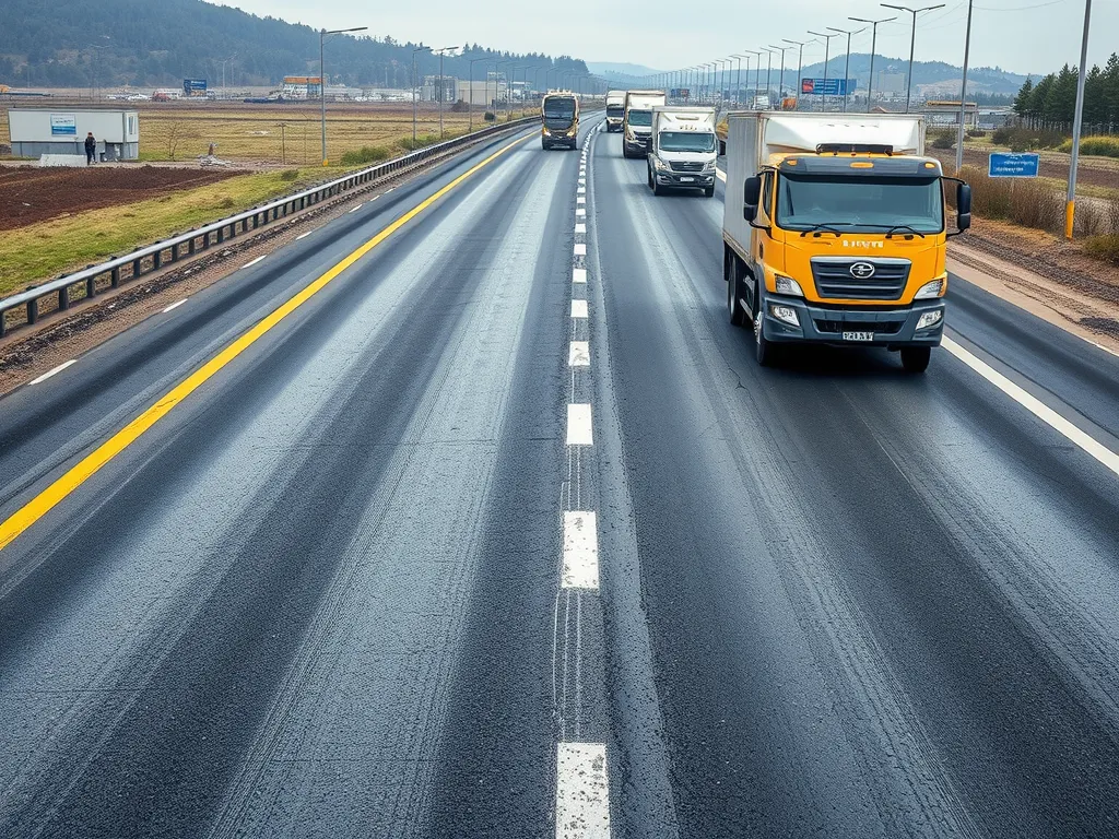 Cold mix asphalt surface on a highway with trucks driving