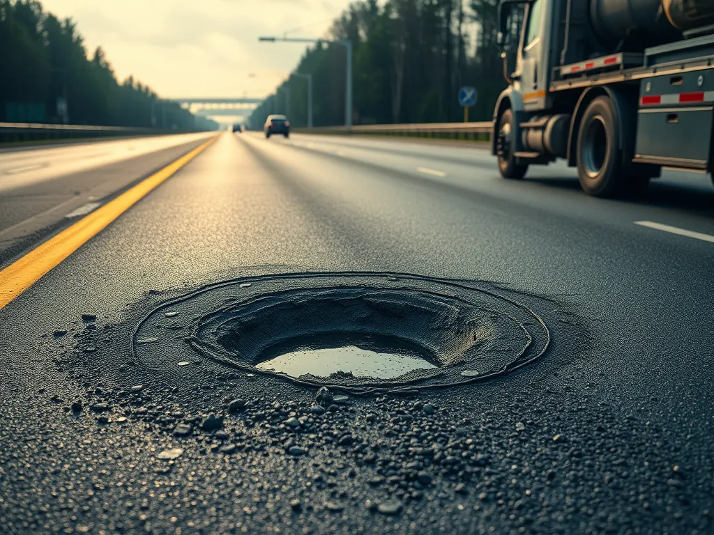 Pothole on highway repaired with cold mix asphalt, showcasing its application in road maintenance.