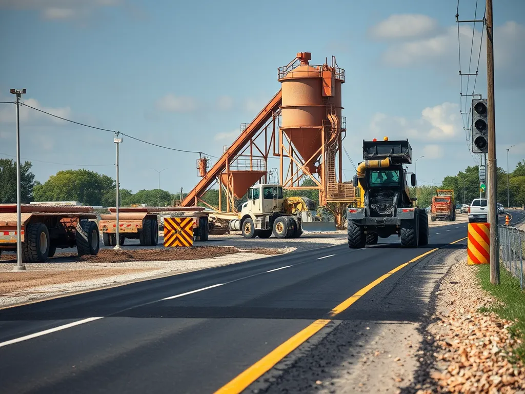 Cold mix asphalt plant with trucks on the road, illustrating characteristics of cold mix asphalt.