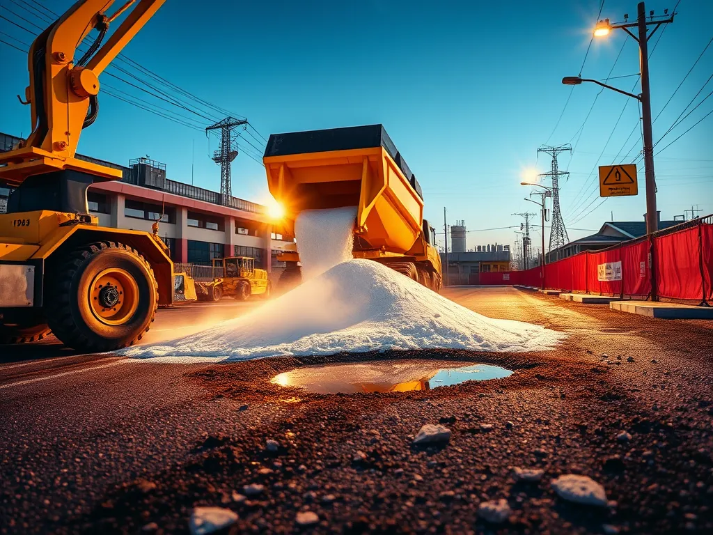 Cold mix asphalt being poured for durable road repairs at sunrise