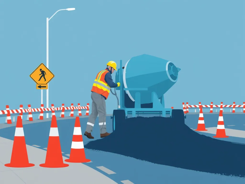Worker using cold mix asphalt for road safety construction with traffic cones