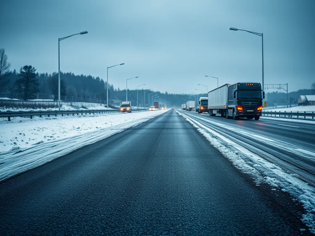 Trucks driving on a road featuring cold mix asphalt for improved road safety.