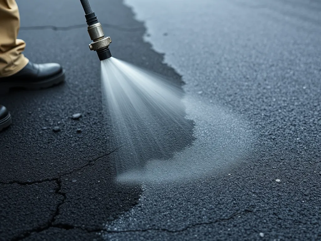 Worker applying cold mix asphalt for rural roads maintenance