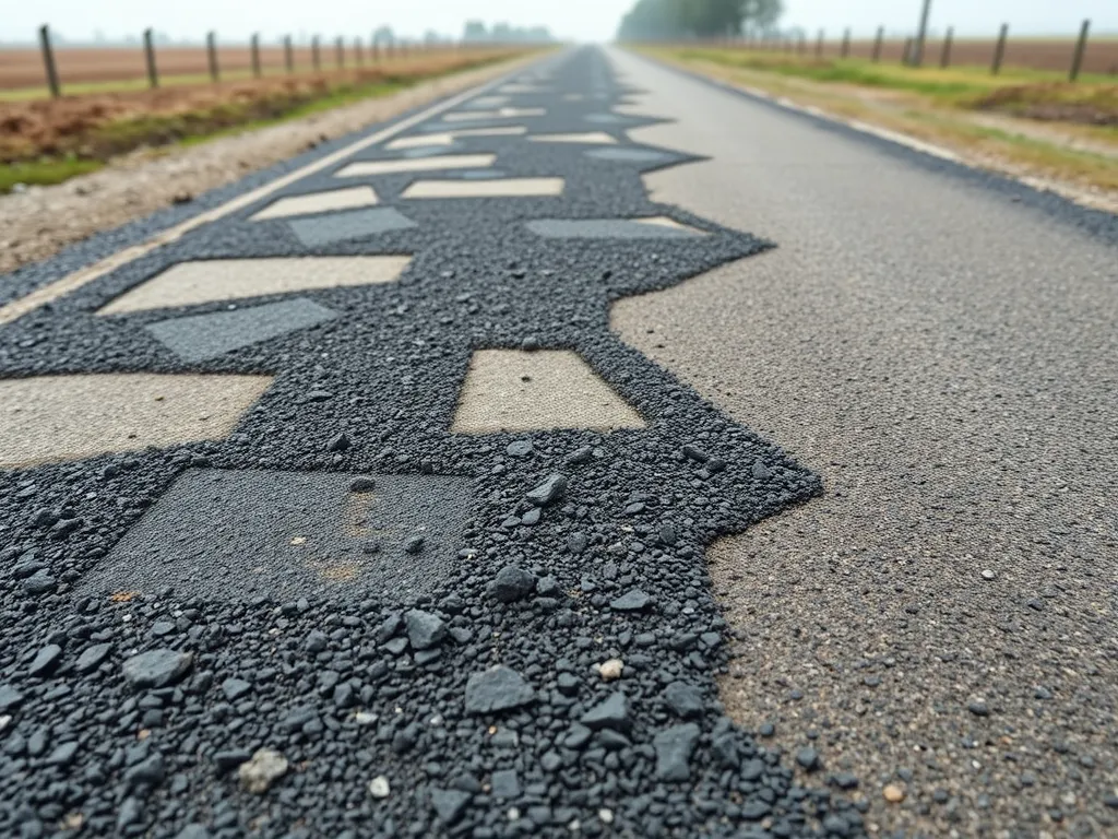An image of cold mix asphalt being applied on rural roads to repair or maintain the surface.