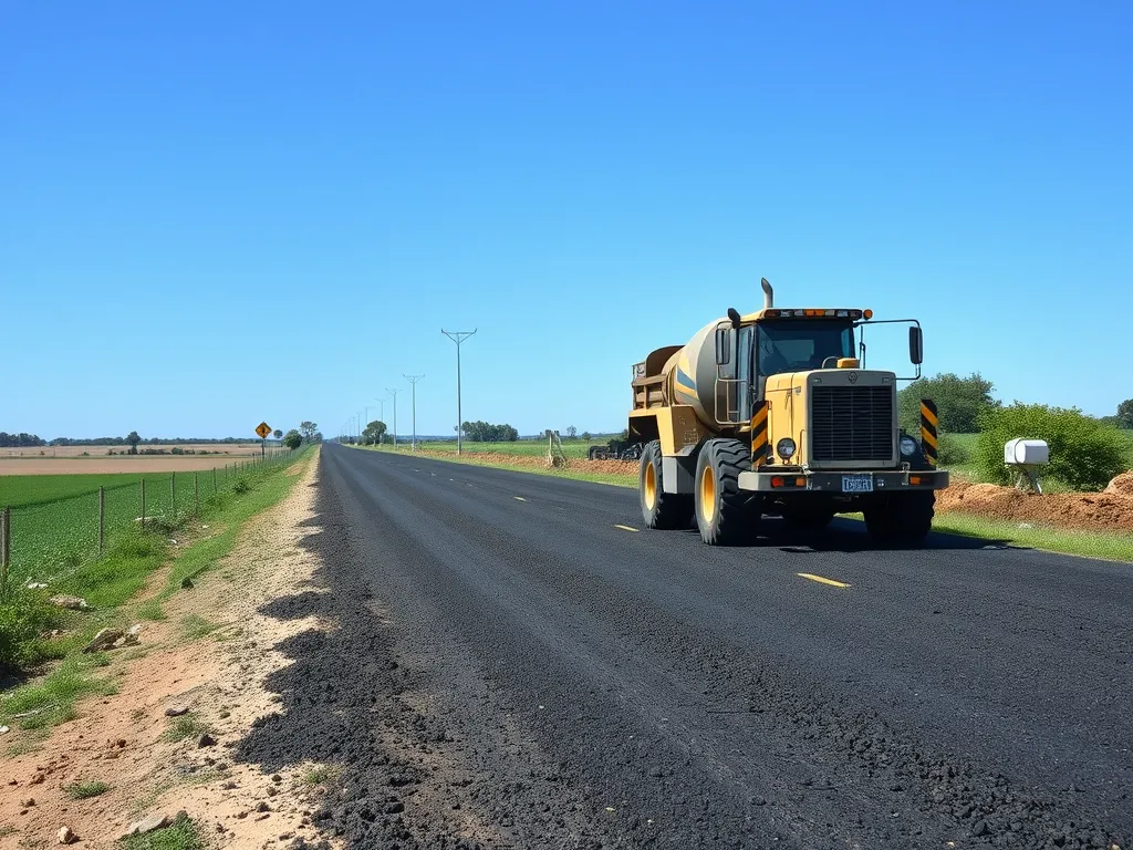 Heavy machinery applying cold mix asphalt on a rural road