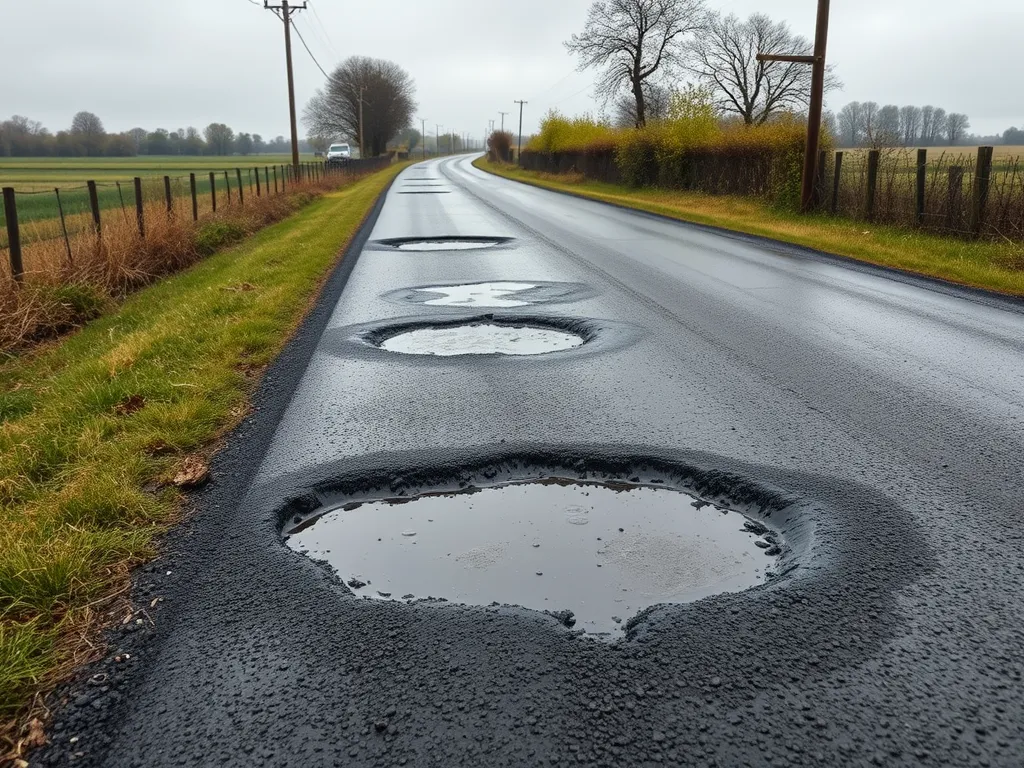 Rural road showing cold mix asphalt patches used for repairing potholes.