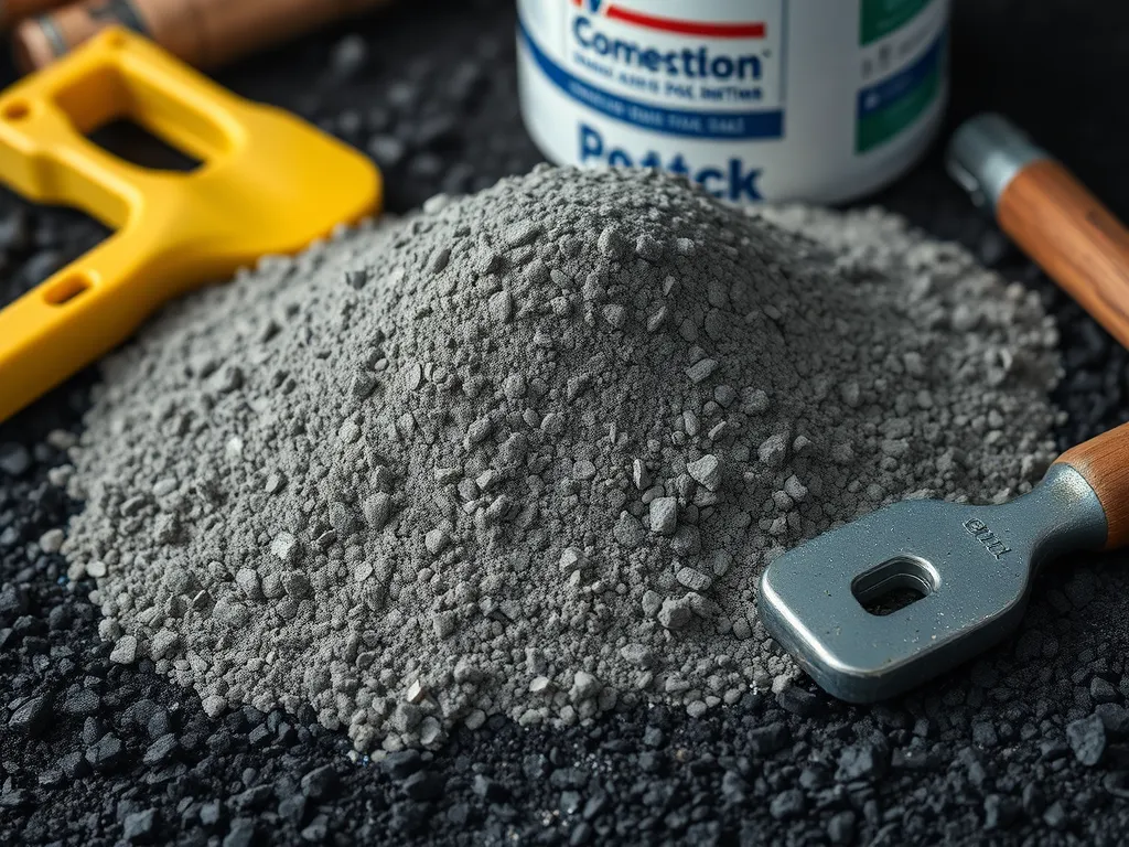 Cold mix asphalt pile with tools for storage and application.