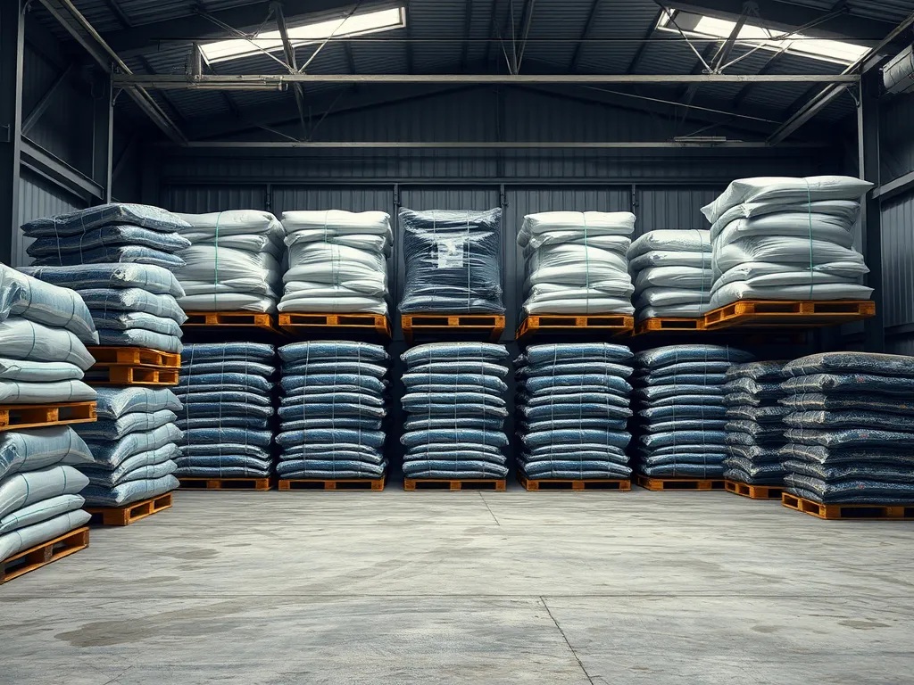 Warehouse storing cold mix asphalt in bags, showcasing proper storage guidelines.