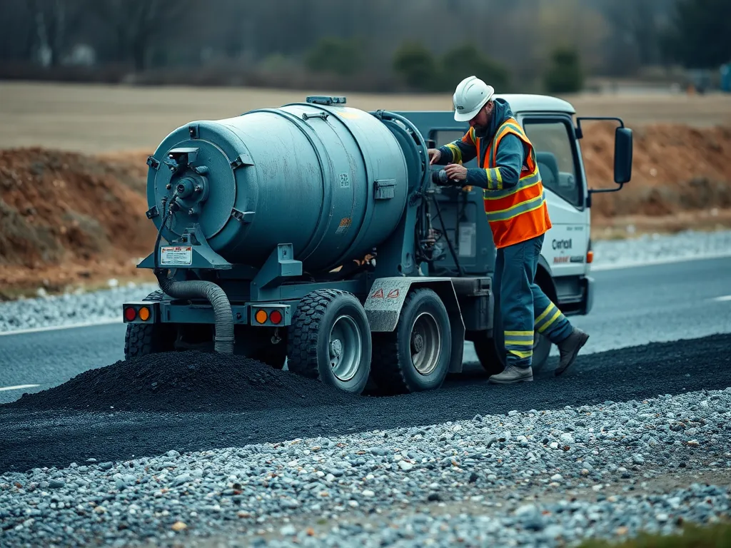 Worker applying cold mix asphalt on an unpaved road for maintenance.