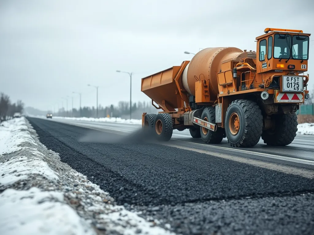 A truck applying cold mix asphalt on a snow-covered road during winter.