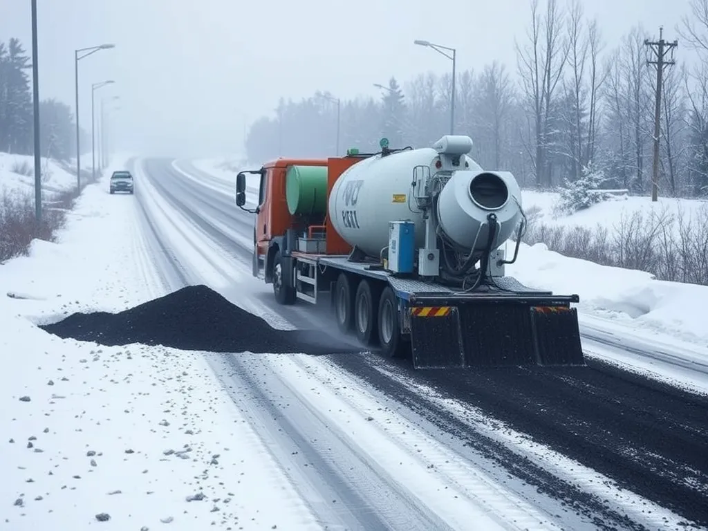 Truck applying cold mix asphalt on snowy road during winter