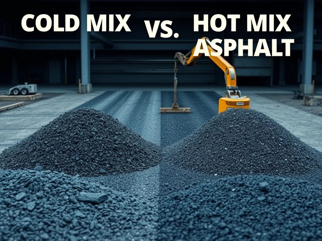 Comparison of cold mix and hot mix asphalt piles, highlighting the differences in asphalt types.