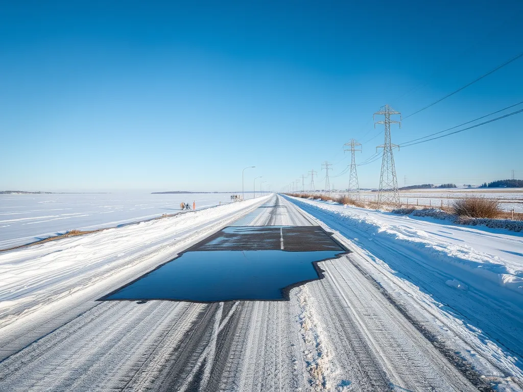 Image of cold patch asphalt on a snowy road, relevant to heating cold patch asphalt.