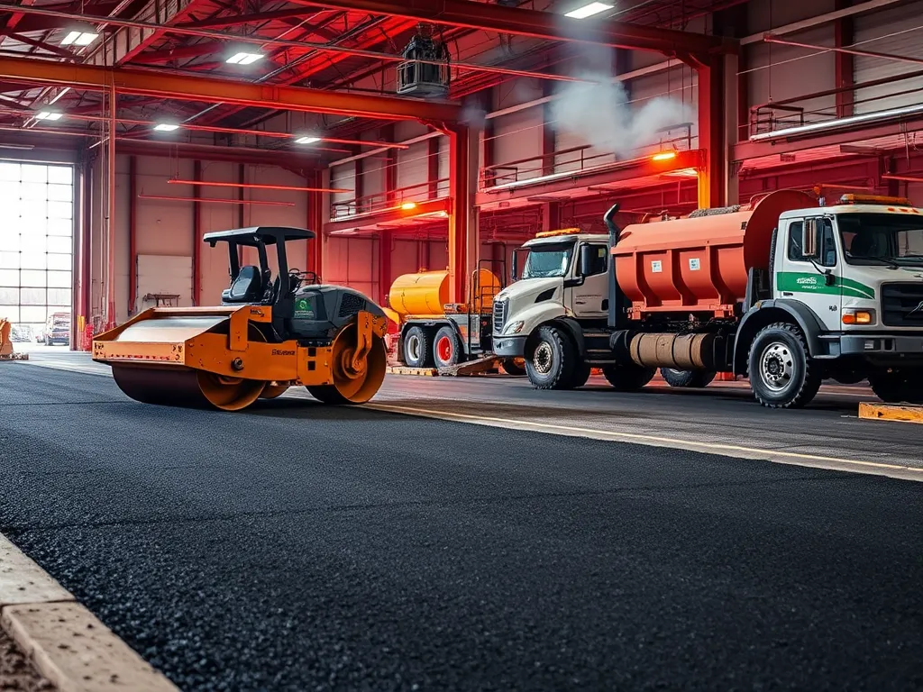 Heavy machinery and equipment used for cold patching and hot mix patching in a large warehouse.