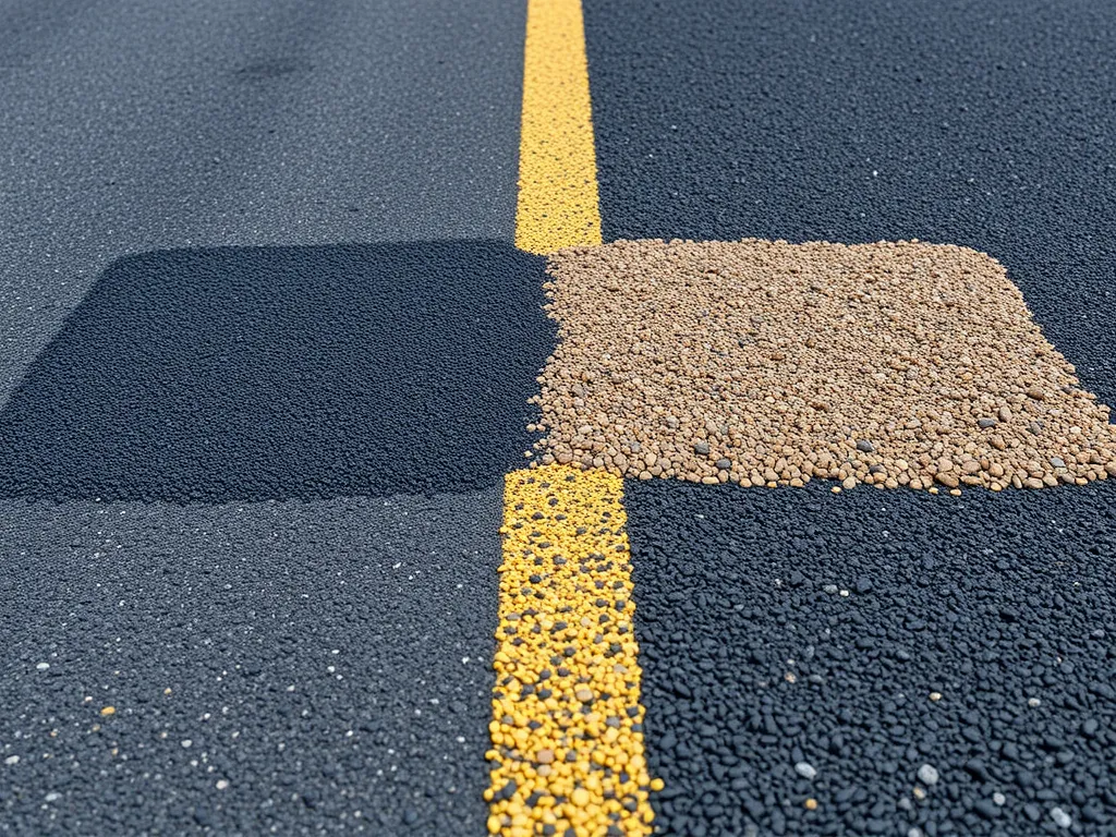 Cold patch and hot mix patch comparison on a roadway surface.