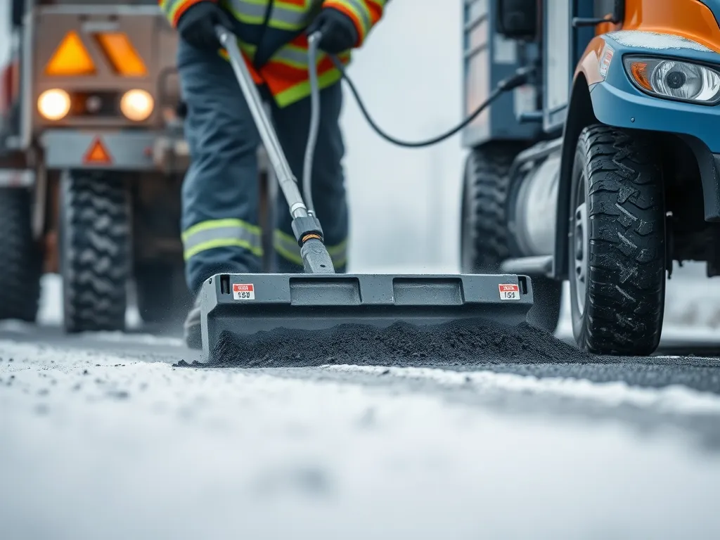 Worker applying cold weather asphalt formulation for road repair in winter conditions