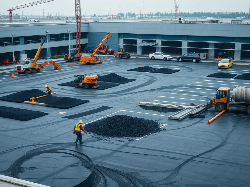 Construction workers applying asphalt mix for commercial use in a parking lot.