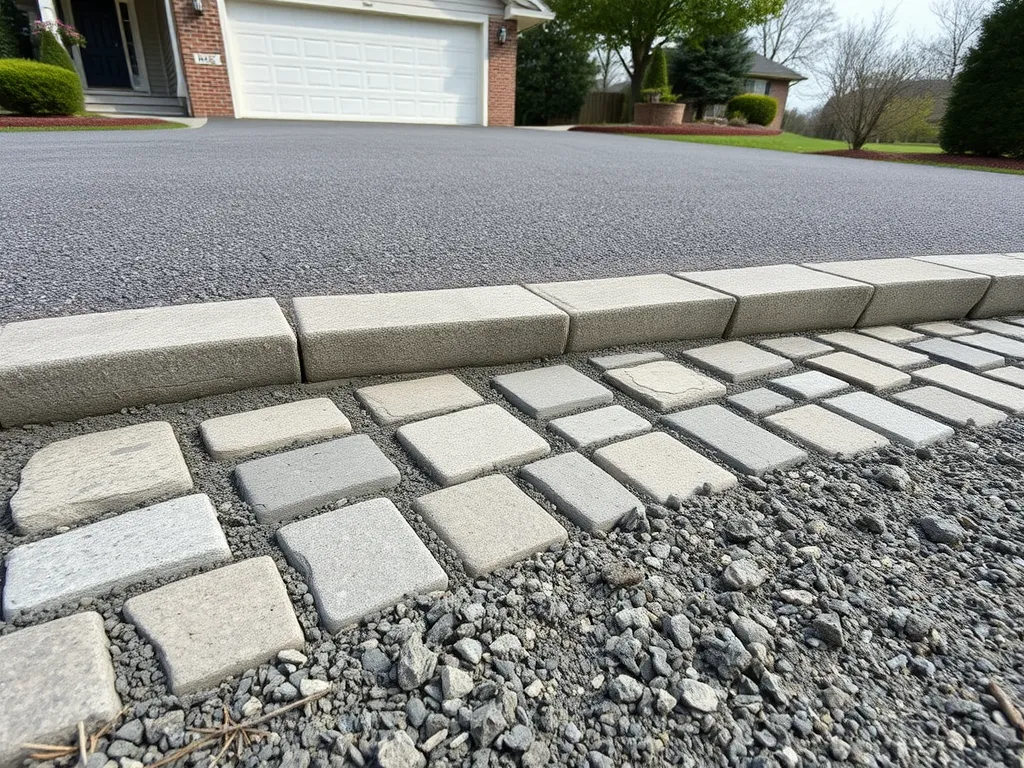 Improper asphalt edge treatment and transition to paver stones in repair project.