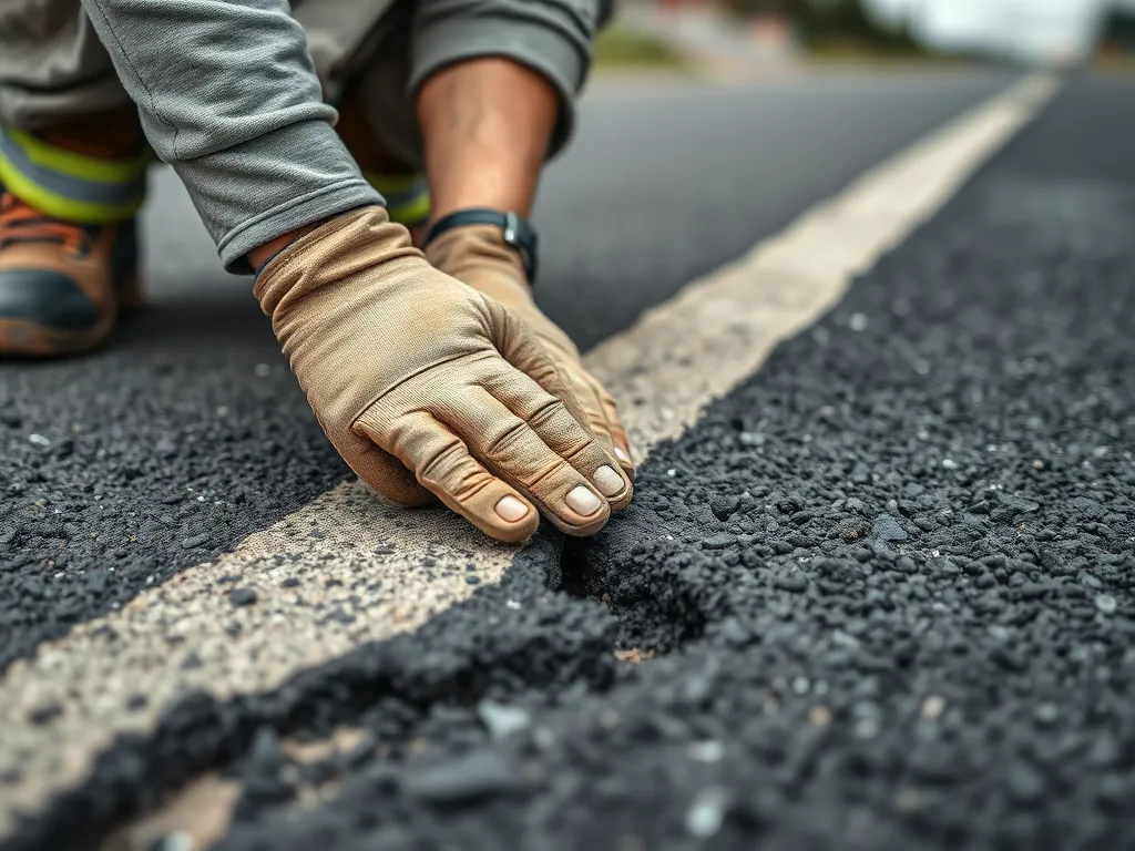 Hand inspecting an asphalt crack highlighting common mistakes in asphalt repair